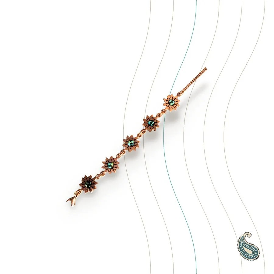 Persian copper bracelet with flowers and turquoise, handmade in Qazvin