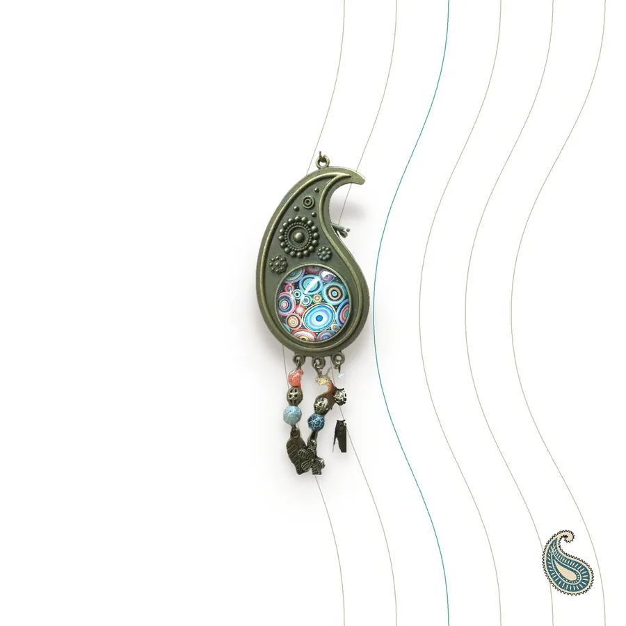 Persian paisley-shaped bronze necklace with stones, handmade in Tehran