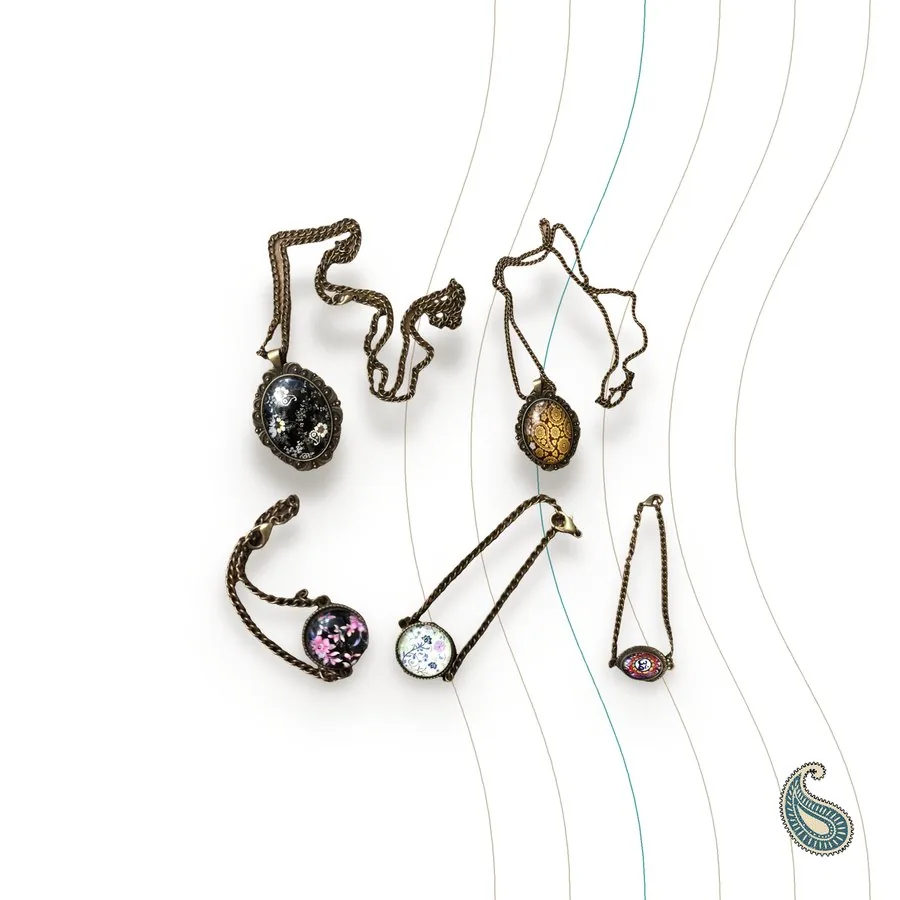 Bronze necklaces and bracelets with domed glass, handmade in Tehran (5 models)